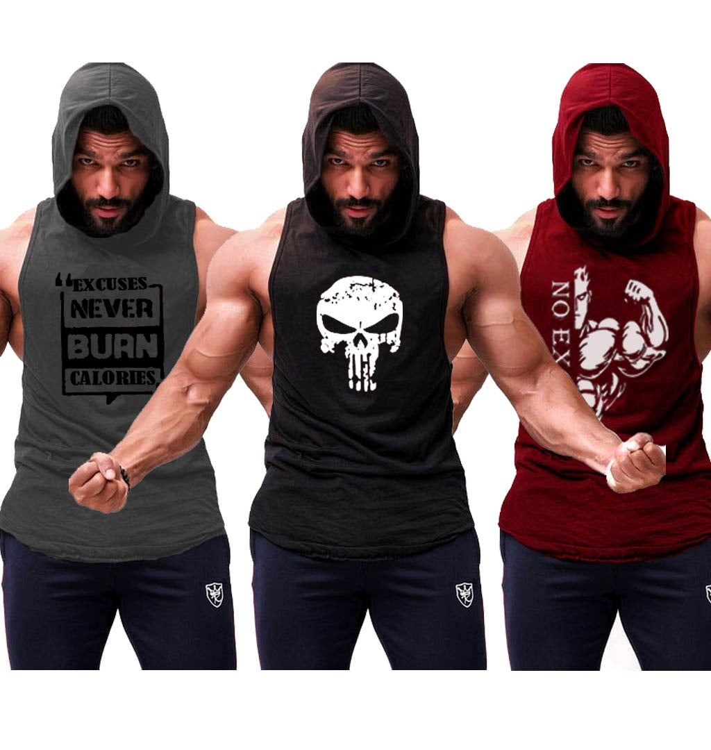 Pack of 3 Printed gym sleeveless hoodie sando tanks 001