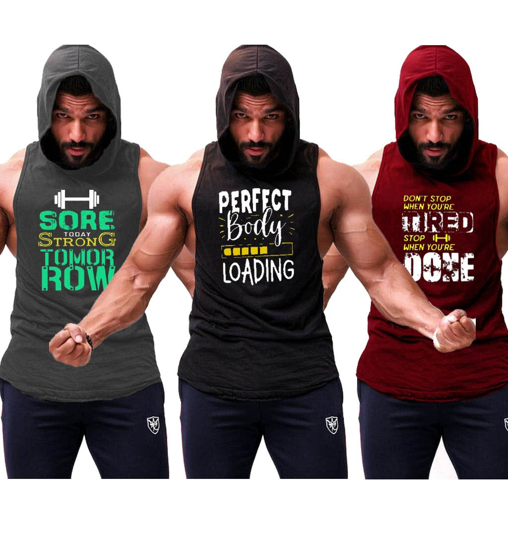 Pack of 3 Printed gym sleeveless hoodie sando tanks 002