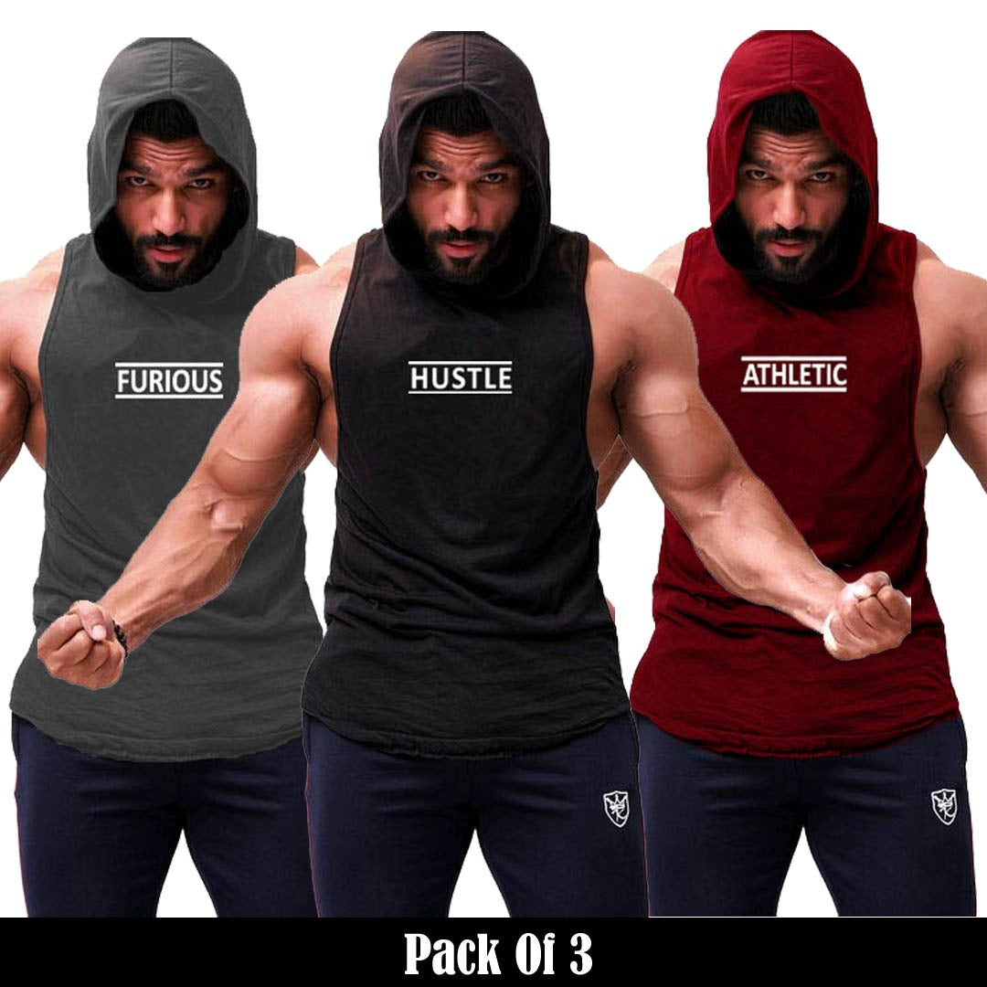 Pack of 3 Printed gym sleeveless hoodie sando tanks 004