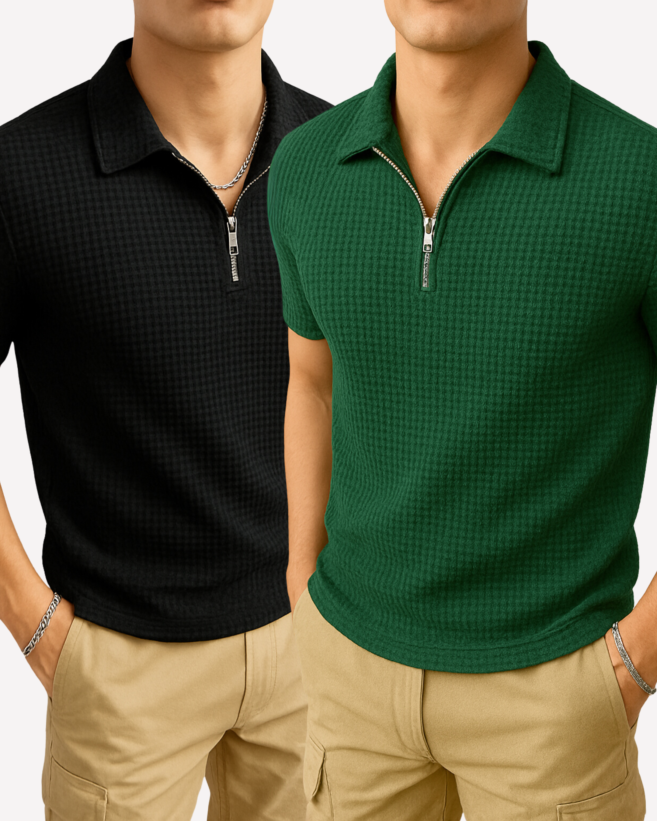 Pack of 2 – Waffle Knit Zipper Polo - Black and Green