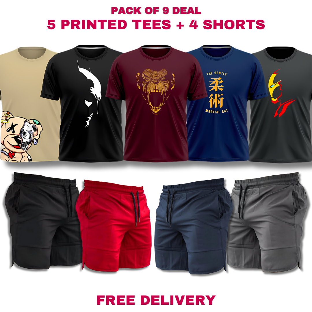 Pack of 9 Deal (5 Printed T-shirts & 4 Shorts)