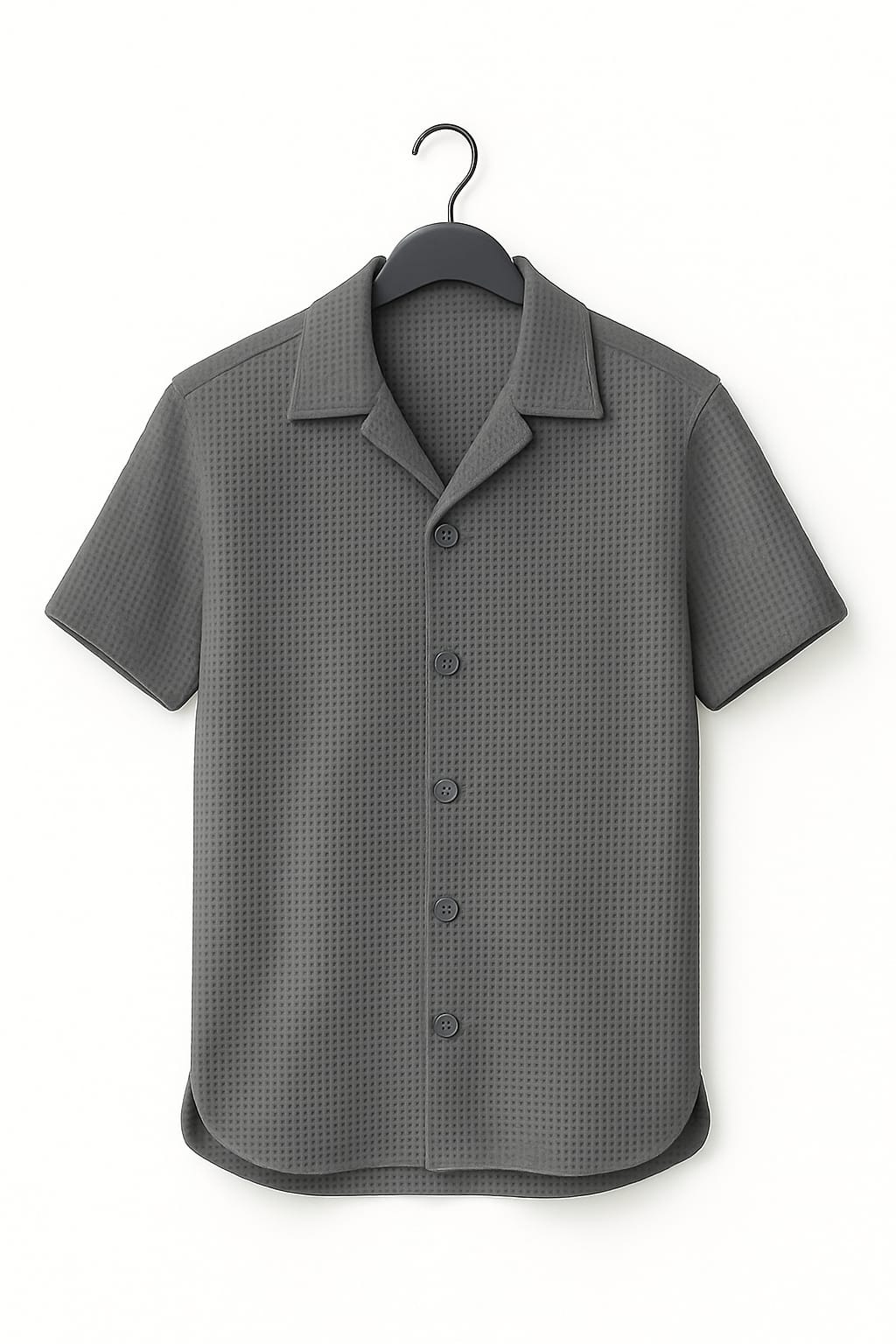 Grey Waffle Knit Cuban Collar Shirt for Men