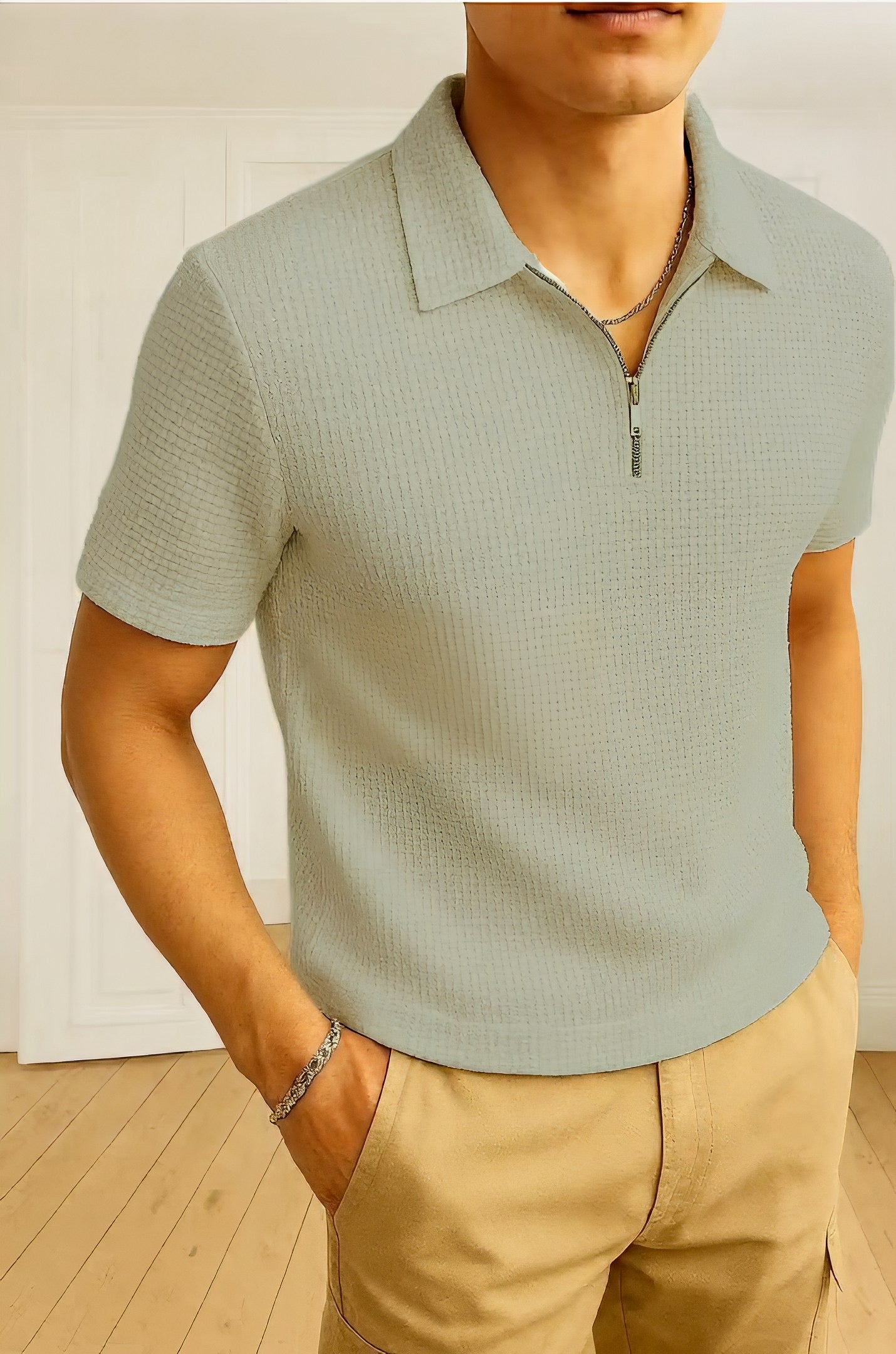 Waffle Knit Zipper Polo T-Shirt - Grey